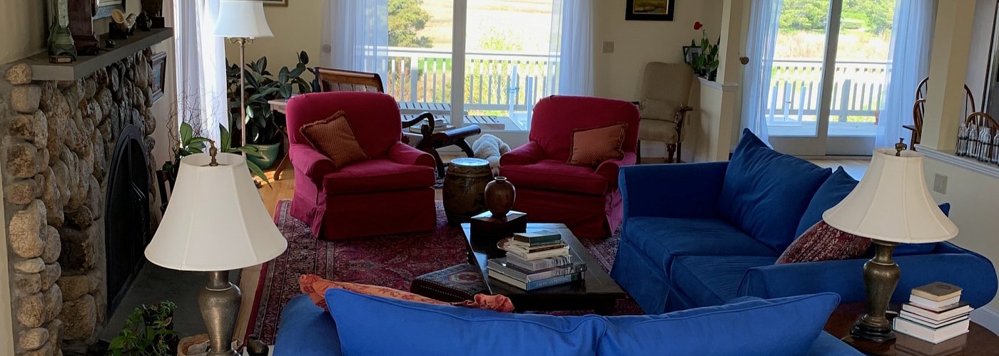 Living Room Sofa And Armchairs Near Fireplace On Our 3 Boardwalk Cape Cod Vacation Rental