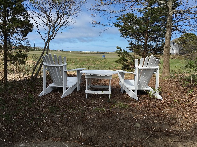 Two Chairs In The Garden In Our 3 Boardwalk Cape Cod Vacation Rental